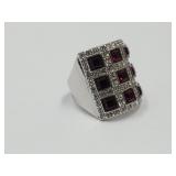 JTV Silver tone Red Siam White Crystal Ring SZ8