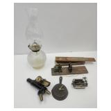 Oil Lamp &  VTG Lot Cast Iron Mini Clock Untested+