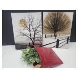 2 Canvas Wall Decor 11 x 14' & Metal Wall Basket