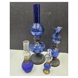 4 Cobalt Oil Lamps 1 Chimney Chipped 6.5 -15 '