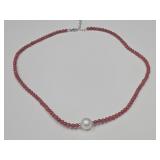 Red Coral & Fresh Water Pearl 18' Silver Necklace