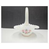 Signed Fenton Hand Painted Glass Basket 7.5'h