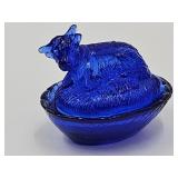 VTG Miniature Cobalt  Cow on a Nest 2 1/2' L