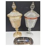 2 Indiana Glass Compotes &  Metal Butter Dish