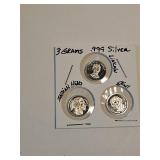 3 Grams .999 Silver Indian Head, Sac, Statue Lib.