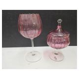 12' Cranberry Glass Candy Dish, 11' Candleholder