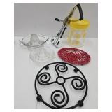 Vintage Juicers, Glass Canister, Trivets & Hand M