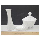 Fenton Hobnail Milk Glass Boot w/Bud Vase