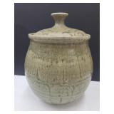 Signed Stoneware Cookie Jar Chip on Rim