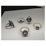 Lot Of 5 Silver Plated Rings W Synthetic Stones