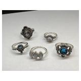 Lot Of 5 Silver Plated Rings W Synthetic Stones