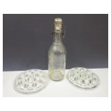 2 Vtg Glass Flower Frogs+Citrate Bottle