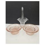 Etched Glass Basket & Pink Depression Ware