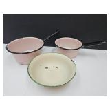 Pink Porcelain Enamel Ware Pans & Bowl See SZ