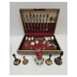 Silver Plate Silver Ware w/Box, Metal Bells+