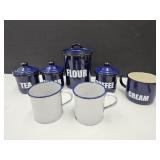 Newer Porcelain Enamel Ware Cannisters & Mugs