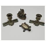 Brass Turtle,Candle Holders, & Treasure Ship