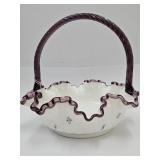 Signed Fenton Glass Violets Basket 8.5' wide