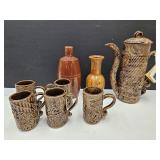 Stoneware Mugs, Pottery Bottle, & MatchingPitcher+