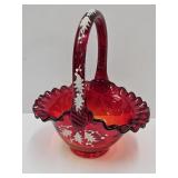Fenton Signed Ruby Red Glass Basket  6.5' wide