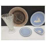 Wedgewood Plates, Pink Depression Ware & Vase