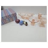 Pink Glass Depression Ware, Painted Eggs & Duck