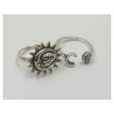 2 Silver Plated Moon & Sun Rings Sz 7