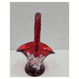 Red Fenton Hand Painted Signed Glass Basket 4 3/4'