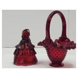 Hobnail Fenton Glass Basket &  Boyd Ruby Red Lady