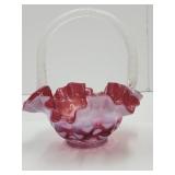 Fenton Cranberry Heart Optic Glass Basket 7"wide