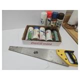 Partial Cans of Spray Paint & Hand Saw