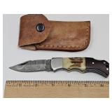 Damascus Pocket Knife w Leather Sheath