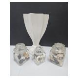 3 Jars of Seashells & Unusal 12" Pottery VAse