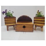 Cedar Wood Birdhouse 11"w & Planters w FLOWERS 9"