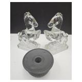 2 Glass Horse Book Ends, 2 Pottery Bowls