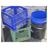 Milk Crates & 5 Gal Lot of Buckets