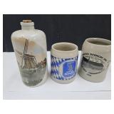 German Stoneware Bottle &2 German Beer Steins1chip