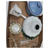 Antique Globe Light, Pottery Bowl w/Lid, Stemware+