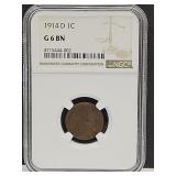 1914 D Graded G  6 BN Wheat Penny Coin
