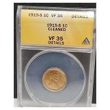1915 S Graded Cleaned BF 35 Wheat Penny Coin