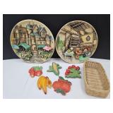 VTG Fruit & Veggie Chalkware & Bossons Plates