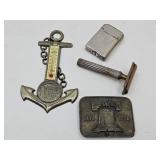 USA Gillette Razor, Brass Buckle, Bowers Lighter+
