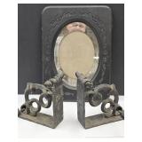 Antique Frame  11x 15" & Wrought Iron Bookends