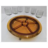 MCM Smokey Stemware,  Amber Glass Divided Server