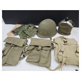 Military Helmet, Canteen, Satchels, 3 Cent Stamp
