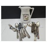 Silver Plate Utencils & Pitcher