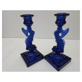 MCM Cobalt Blue Koi Dragon Glass Candle Holders 9"