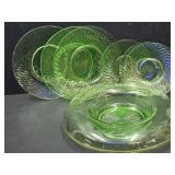 Uranium Glass Plates &  Etched Dish 12" wide
