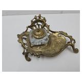 Antique Brass Ink Well & Holder w/Lid