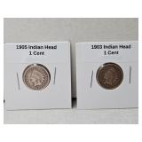 2 Indian Head Cent Coins, 1905 & 1903